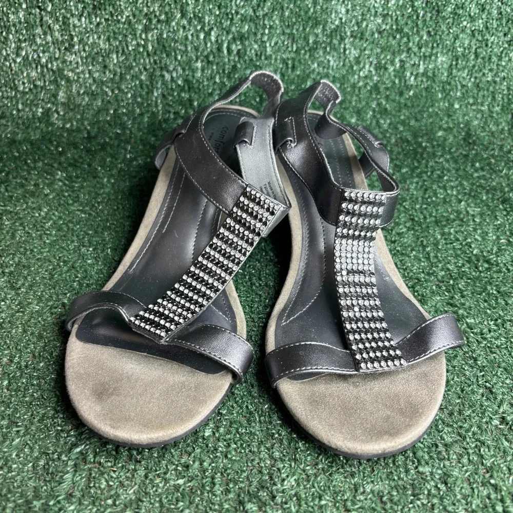 Comfort Plus Predictions Rhinestone‎ T-Strap Wedge Sandal Pewter Womens 9.5 Wide